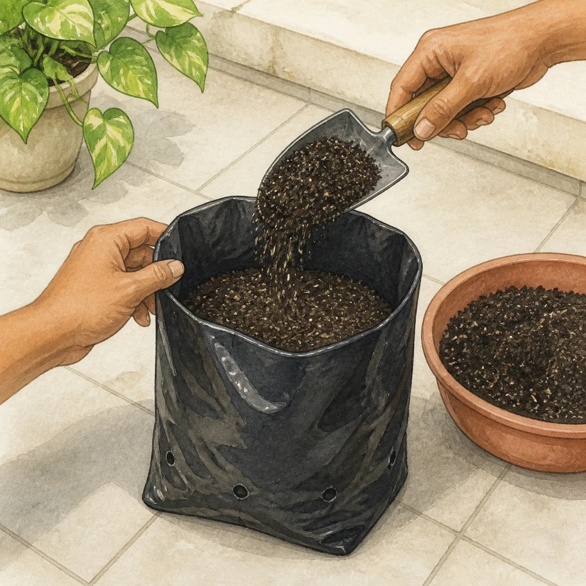 1: tangan mengisi polybag dengan media hitam gembur, sekop kecil, latar teras