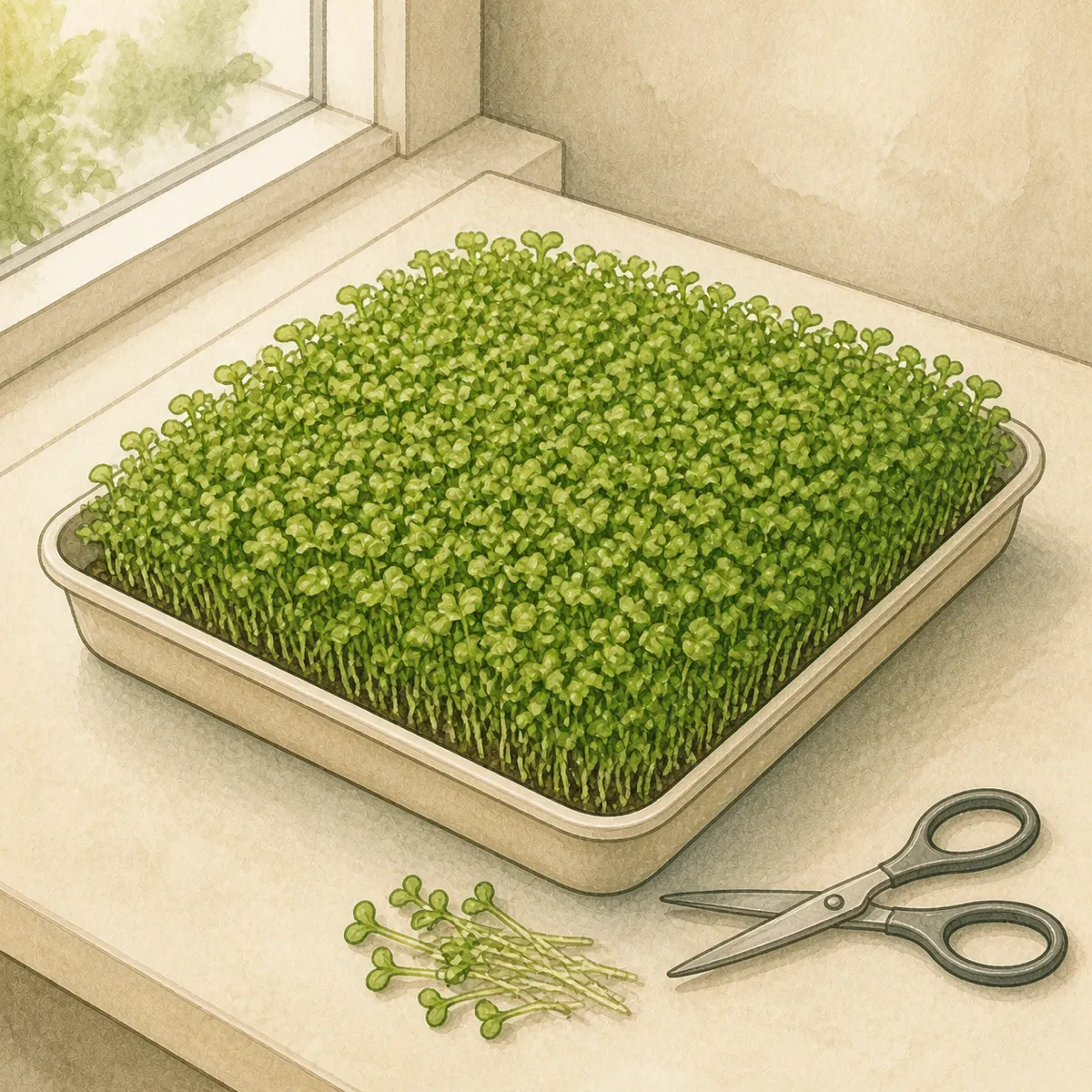 1: nampan microgreens hijau rapat di meja dekat jendela kamar kos, gunting di sampingnya