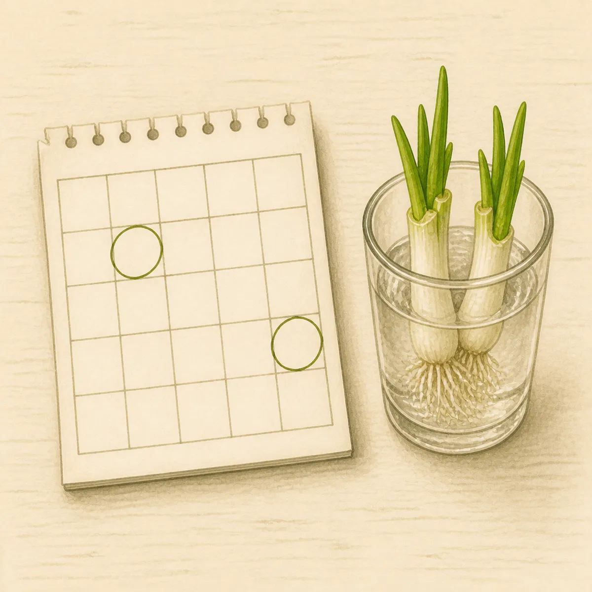 1: kalender kecil dengan tanggal panen dilingkari, di sebelahnya gelas berisi batang daun bawang berakar