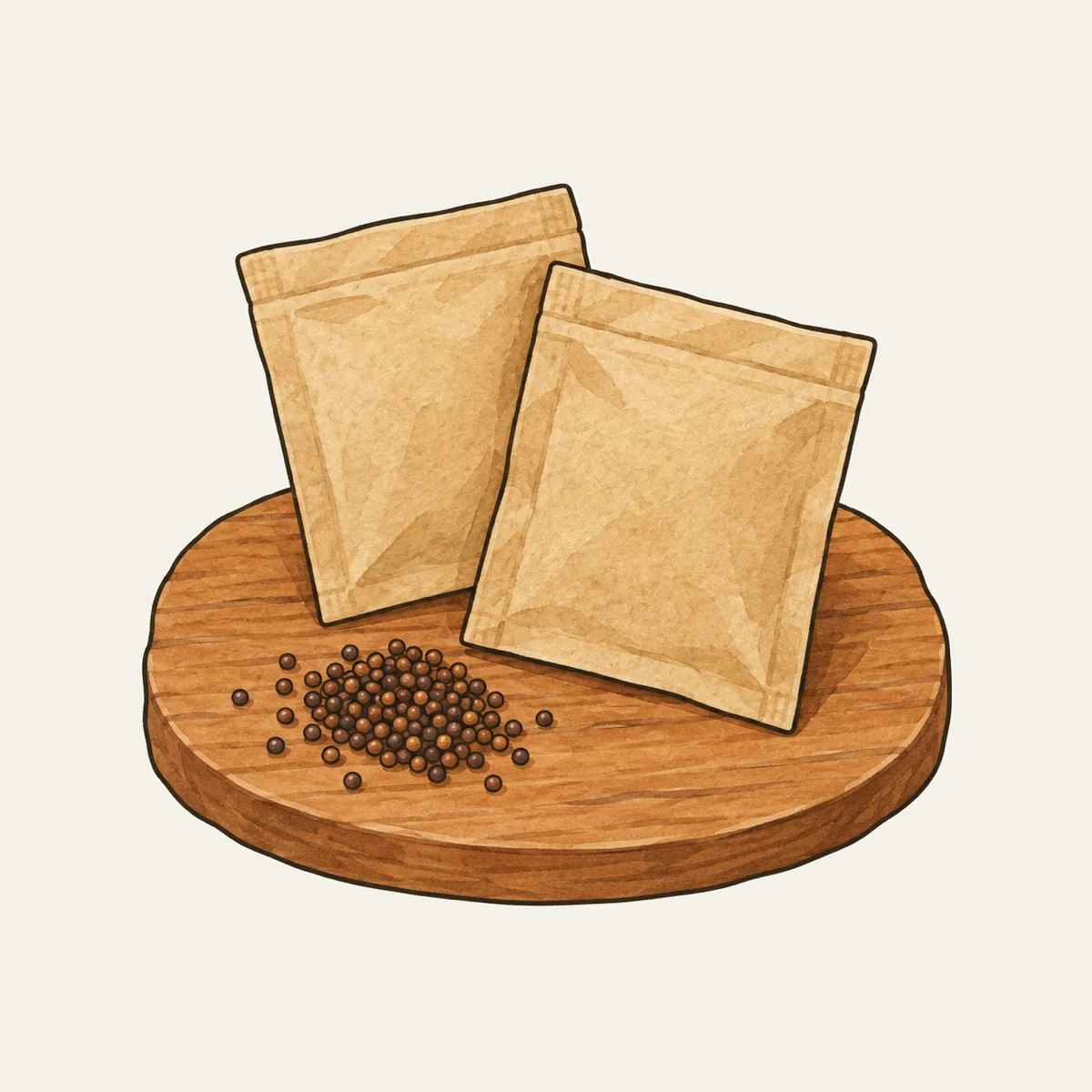 1: dua sachet benih sawi polos tanpa tulisan tergeletak di meja kayu di samping segenggam biji cokelat kecil, tampak dekat