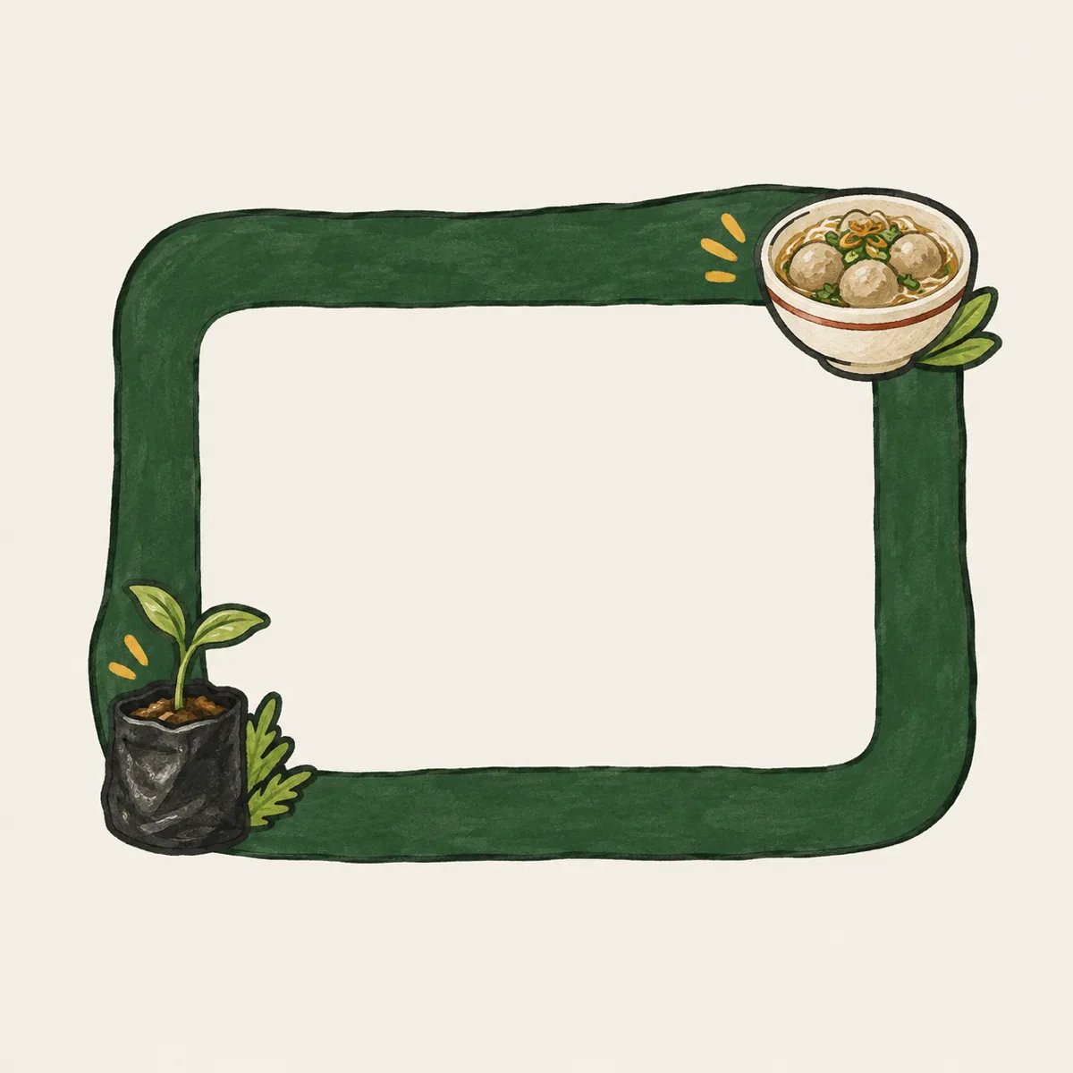 1: kartu ajakan dengan sketsa garis polybag bertunas dan mangkuk bakso, dominan warna pine dengan bidang krem kosong di tengah, tanpa tulisan