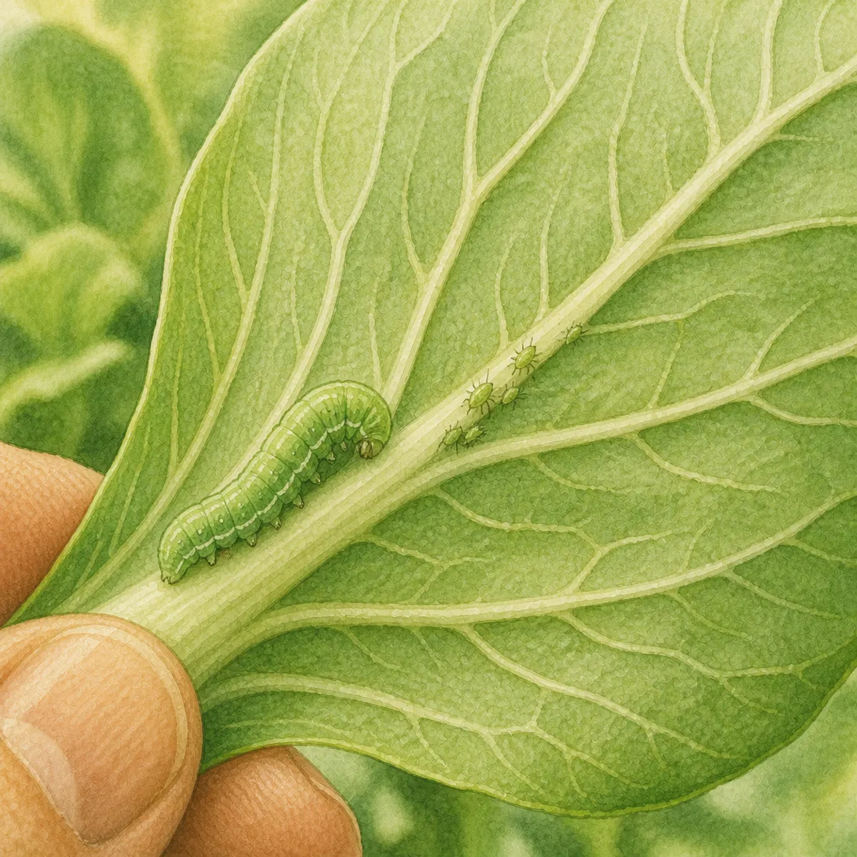 1: close-up daun pakcoy dibalik, seekor ulat hijau kecil menempel di tulang daun