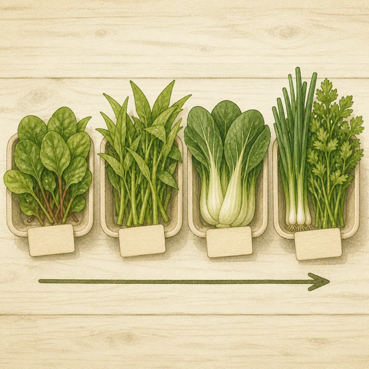 1: empat wadah kecil berlabel tulisan tangan berisi masing-masing jenis sayur, gaya flat-lay