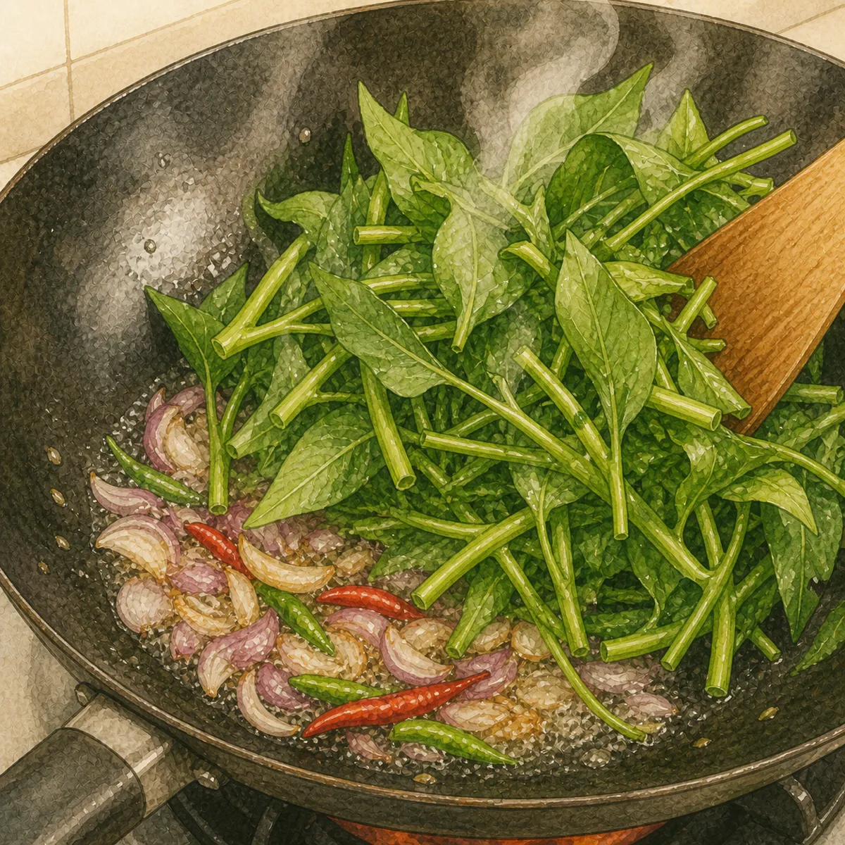 1: kangkung baru dimasukkan ke wajan panas berisi bawang dan cabai, uap mengepul