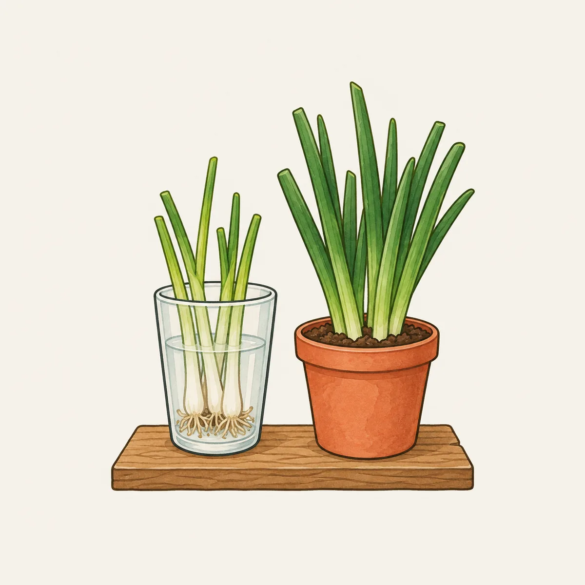 1: gelas bening berisi pangkal daun bawang dengan tunas kurus pucat di sebelah pot kecil berisi rumpun daun bawang gemuk hijau tua, berdampingan di meja balkon