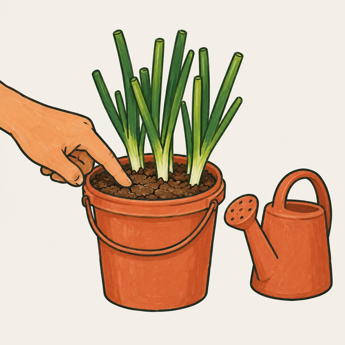 1: jari menyentuh permukaan media kering di pot daun bawang, gembor kecil terakota menunggu di sebelahnya, tampak dekat