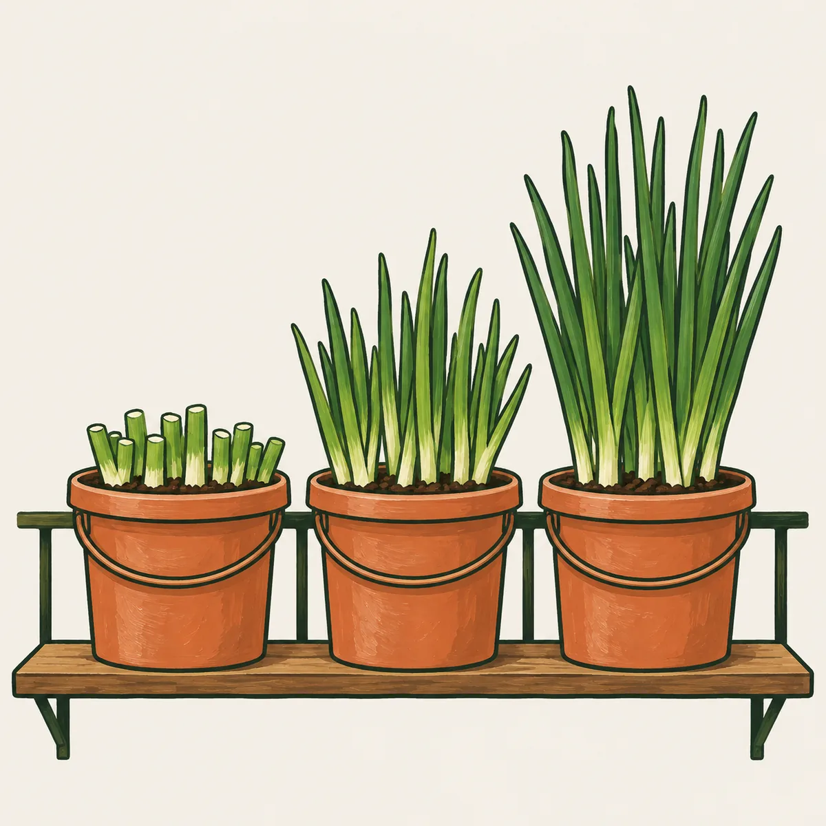1: tiga pot daun bawang berjajar di rak balkon dengan tinggi bertingkat, kiri baru dipotong pendek, tengah setengah tinggi, kanan tinggi rimbun