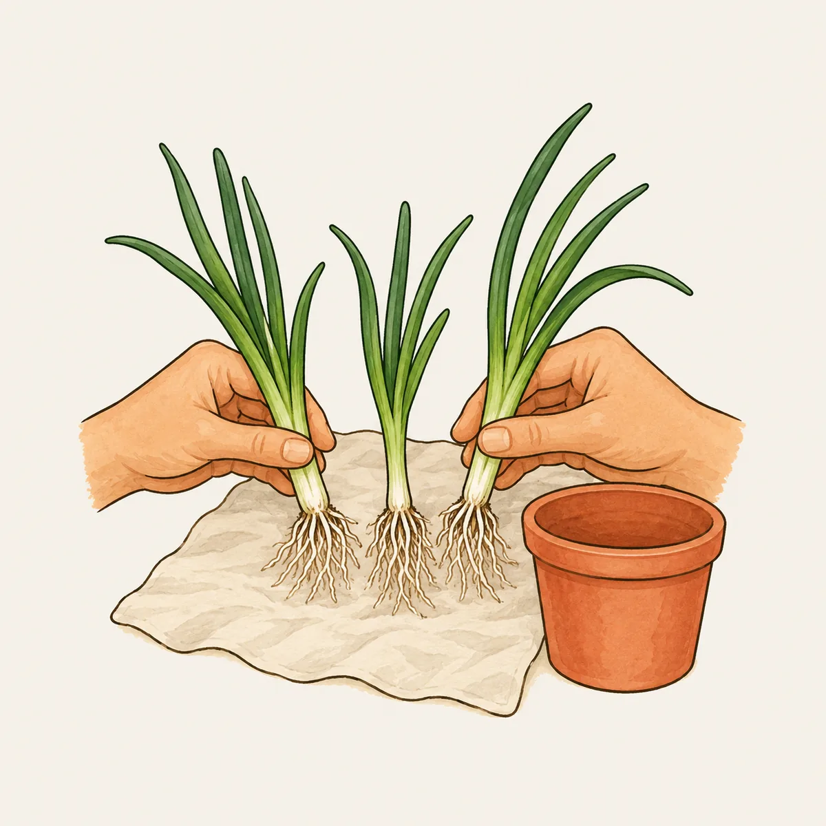 1: dua tangan memisahkan rumpun daun bawang menjadi tiga anakan berakar putih di atas selembar kain lap polos tanpa motif, pot kosong di sebelahnya, tampak dekat, tanpa tulisan atau huruf apa pun
