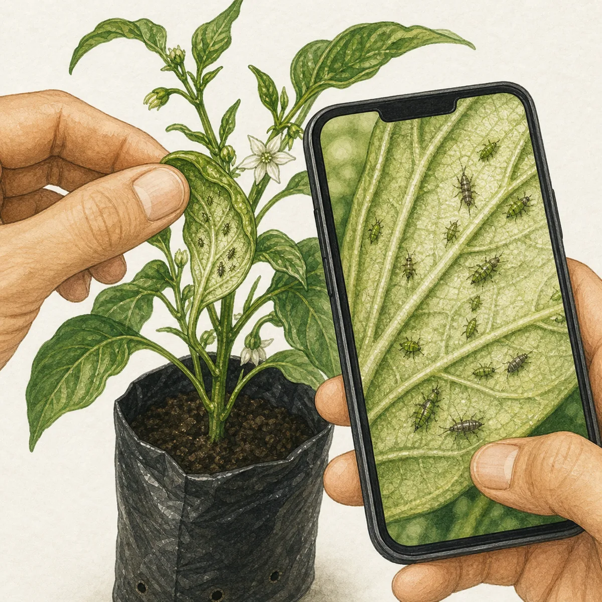1: close-up jari membalik daun cabai, layar HP menampilkan hasil zoom permukaan bawah daun