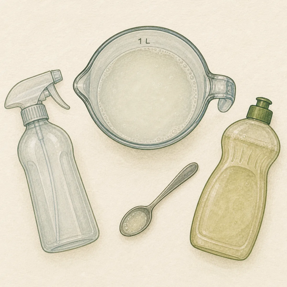 1: botol semprot dan gelas takar berisi larutan sabun encer di meja dapur, flat-lay