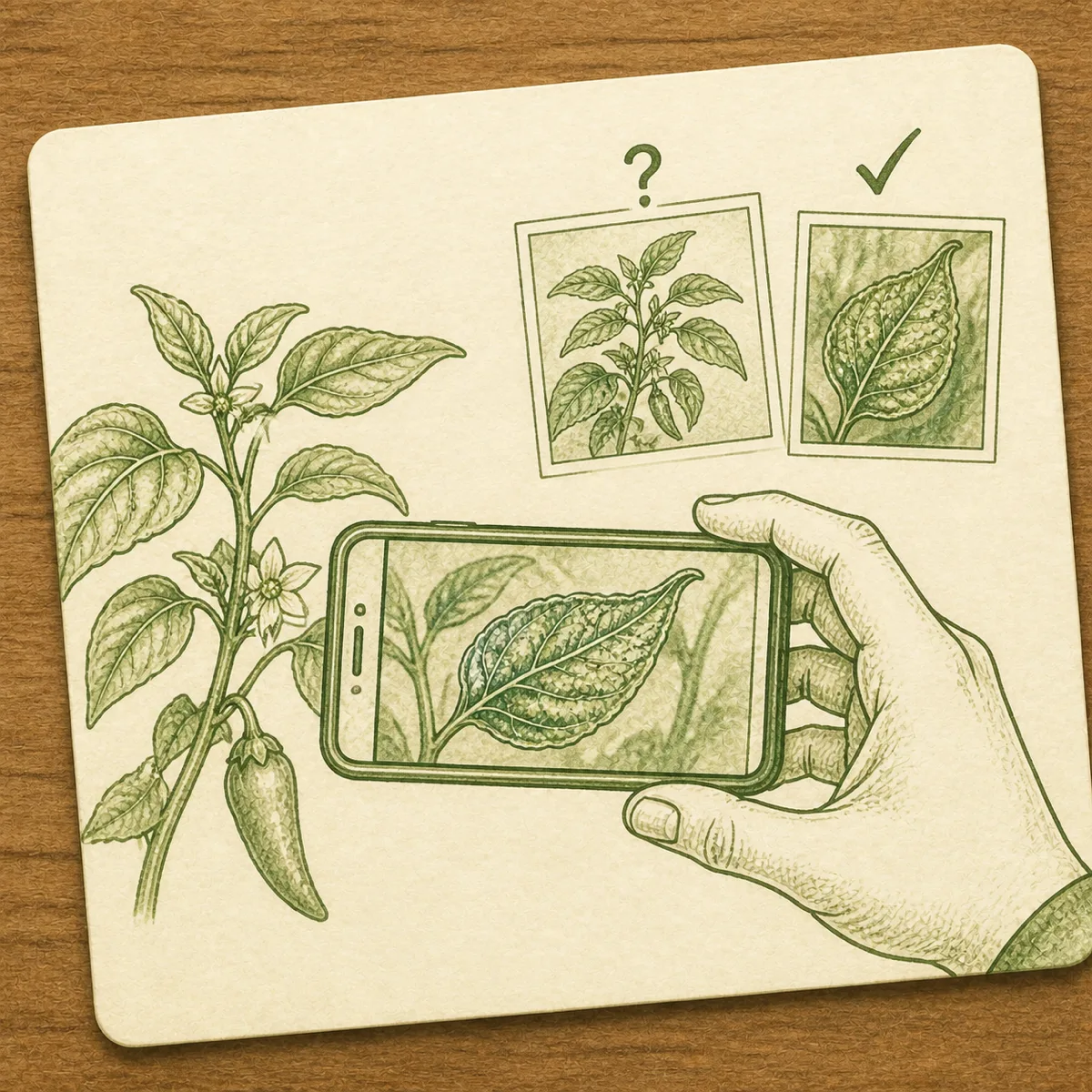 1: tangan memotret daun cabai dengan HP, kartu ajakan bergaya sketsa garis, dominan pine dengan teks krem