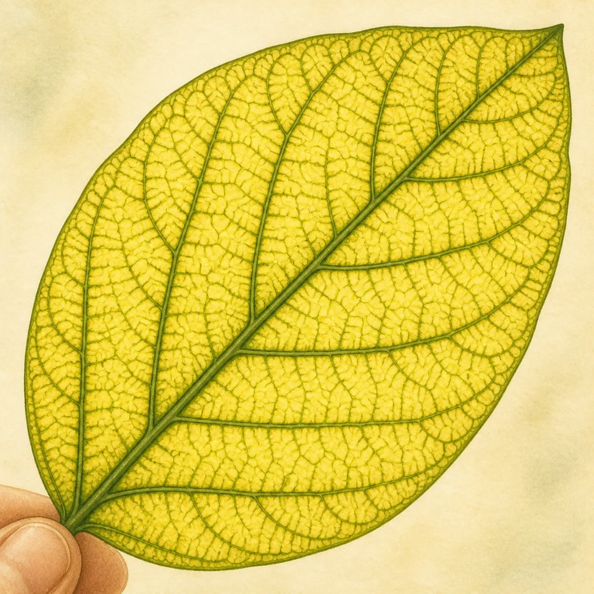 1: close-up daun kuning dengan tulang daun tetap hijau membentuk pola jala