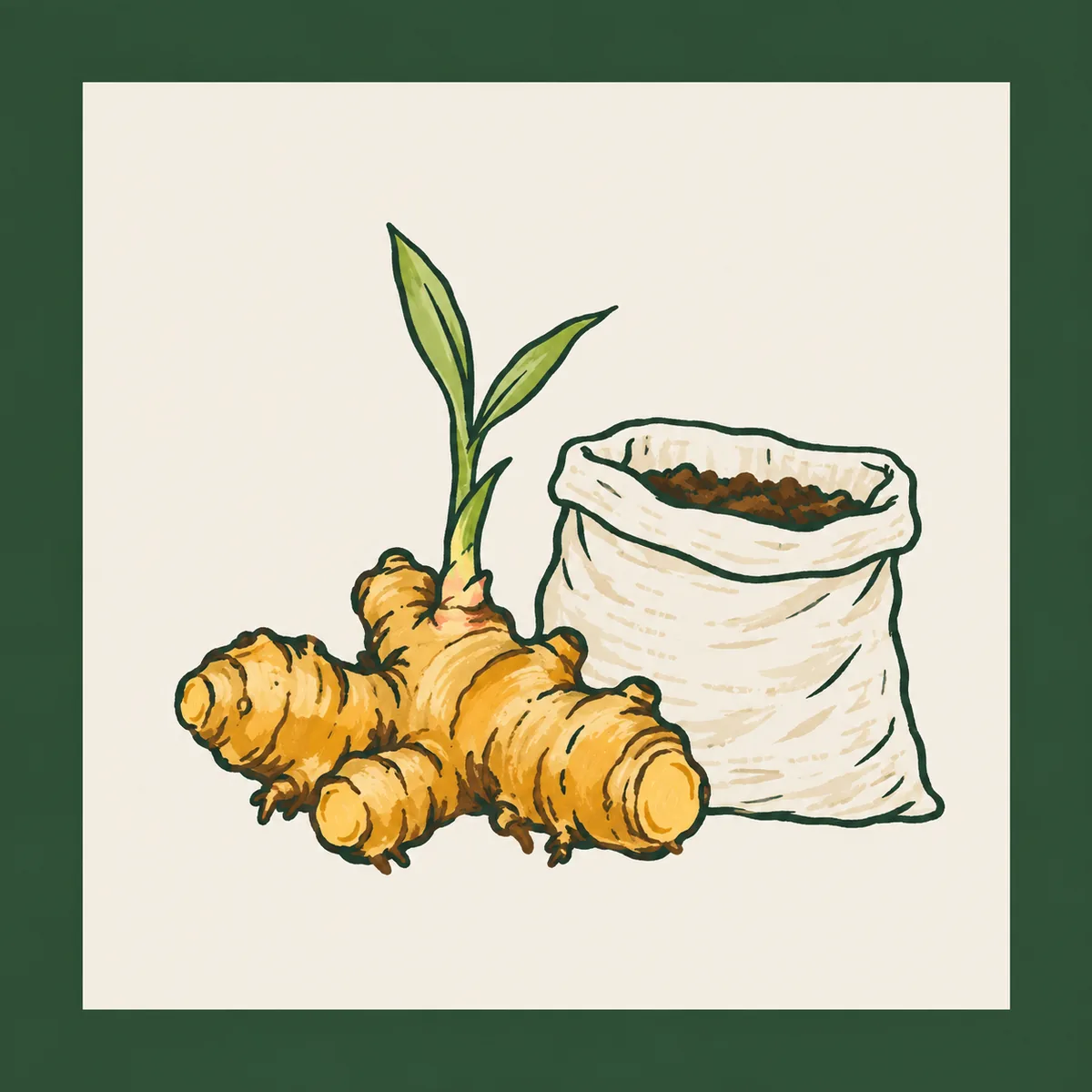 1: kartu persegi yang seluruh latarnya hijau pine gelap (forest), dengan satu panel krem polos di tengah berisi sketsa garis rimpang jahe bertunas dan sebuah karung kecil, tanpa tulisan