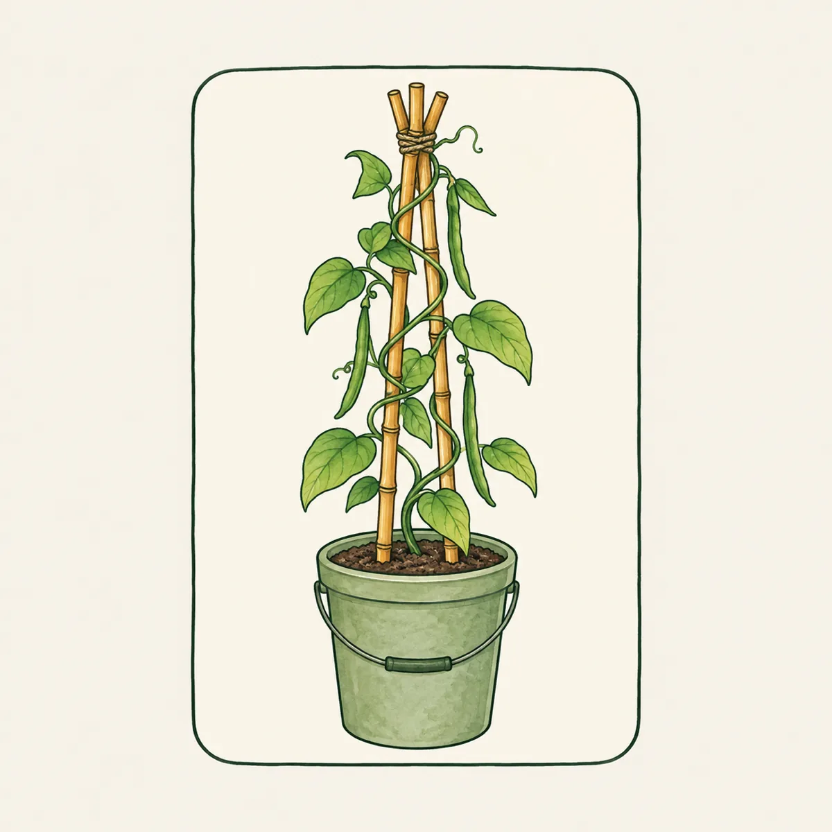 1: kartu ajakan dengan sketsa garis ember, tiga ajir bambu terikat, dan sulur merambat, dominan warna pine, tanpa tulisan