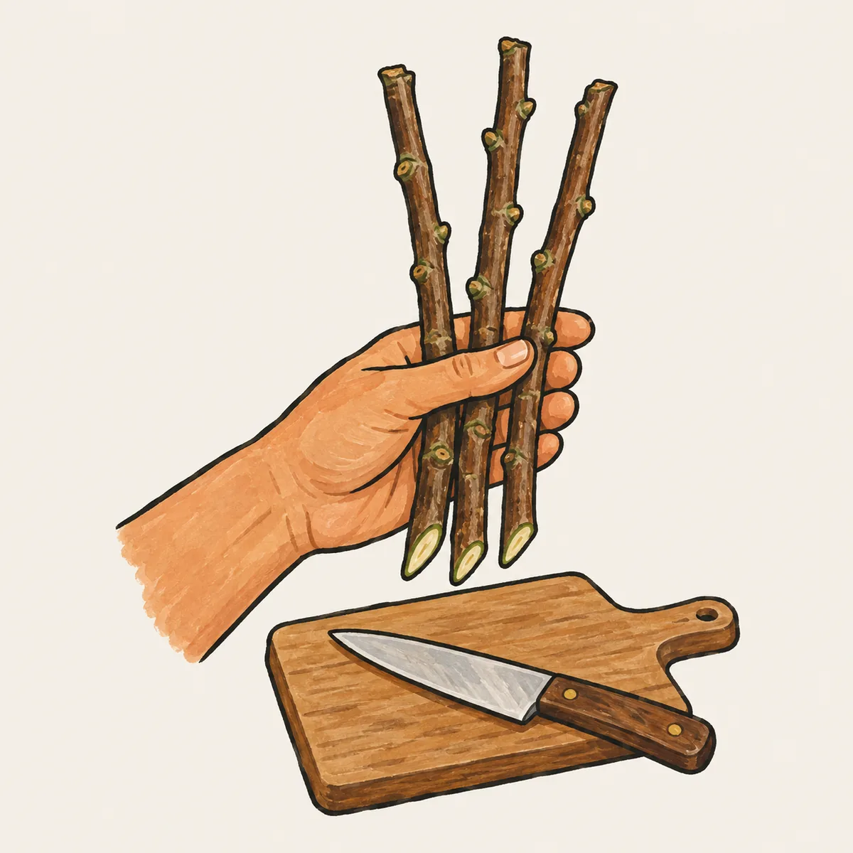 1: tangan memegang tiga potongan batang katuk kecoklatan sepanjang kira-kira dua jengkal tanpa daun, ujung bawah dipotong miring, pisau dapur di talenan kayu, tampak dekat