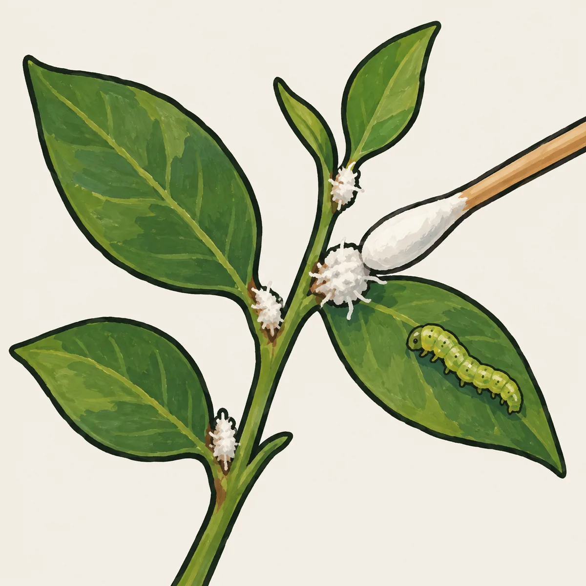 1: daun katuk kecil dengan beberapa gumpalan putih seperti kapas di ketiak daun dan satu ulat hijau kecil di daun sebelahnya, cotton bud mendekat, tampak sangat dekat