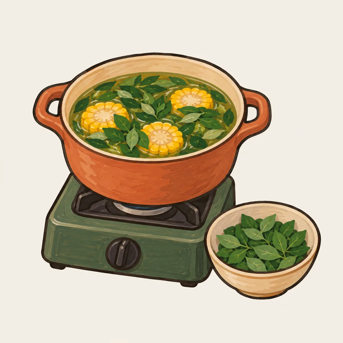 1: panci sayur bening berisi daun katuk hijau dan potongan jagung di atas kompor, di sebelahnya mangkuk berisi daun katuk segar yang sudah dipetik dari tangkainya, dapur rumah, cahaya pagi