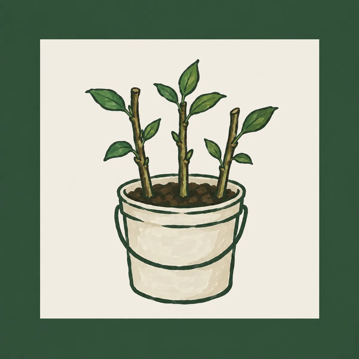 1: kartu persegi yang seluruh latarnya hijau pine gelap (forest), dengan satu panel krem polos di tengah berisi sketsa garis tiga batang stek katuk tertancap di sebuah ember kecil, tanpa tulisan