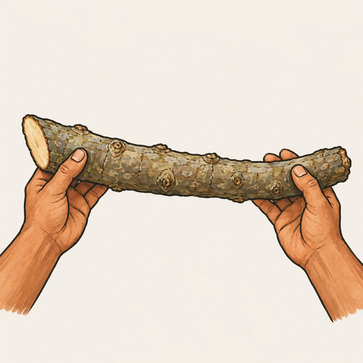 1: dua tangan memegang sepotong batang kelor tua berkulit cokelat keabu-abuan setebal lengan, panjangnya kira-kira setengah meter, irisan pangkal miring, tanpa daun, tampak dekat