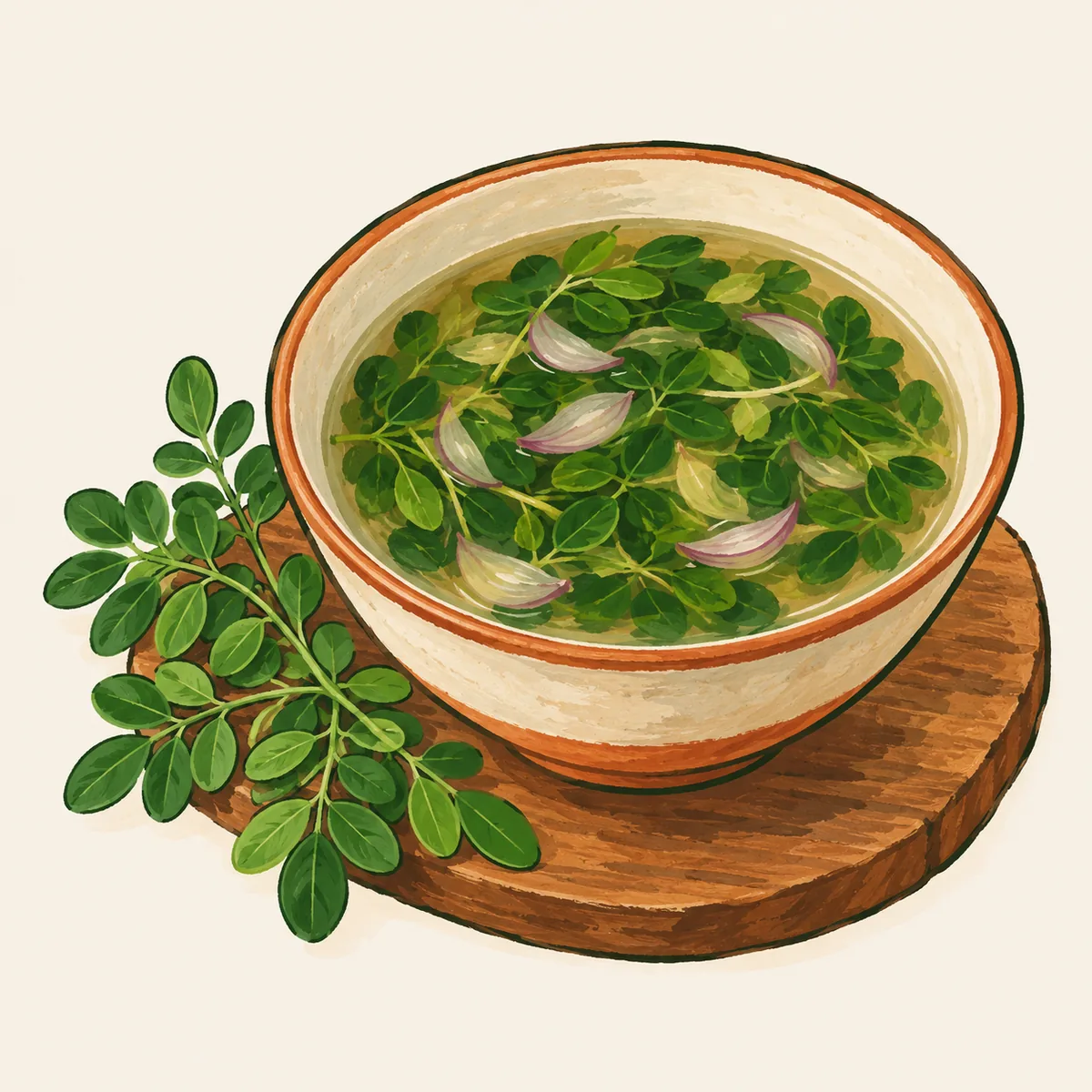 1: semangkuk sayur bening berkuah jernih berisi daun kelor kecil-kecil hijau dan irisan bawang merah, di sebelahnya beberapa tangkai daun kelor segar, meja dapur kayu, cahaya pagi