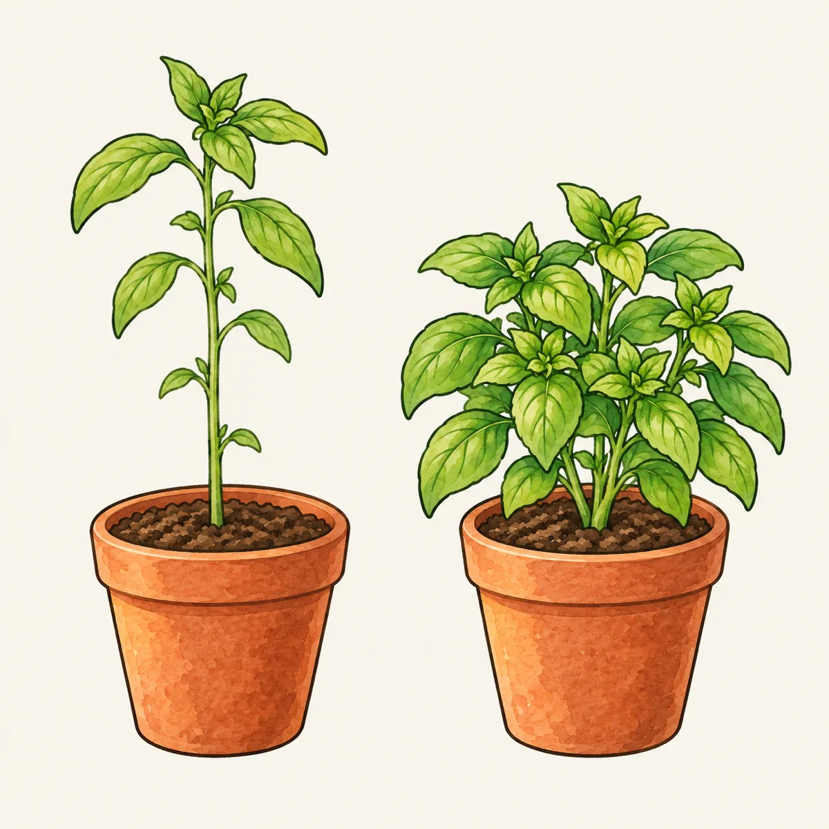 1: dua pot kemangi berdampingan, satu gundul di bawah dan kurus, satu rimbun bulat karena dipetik pucuknya, gaya ilustrasi
