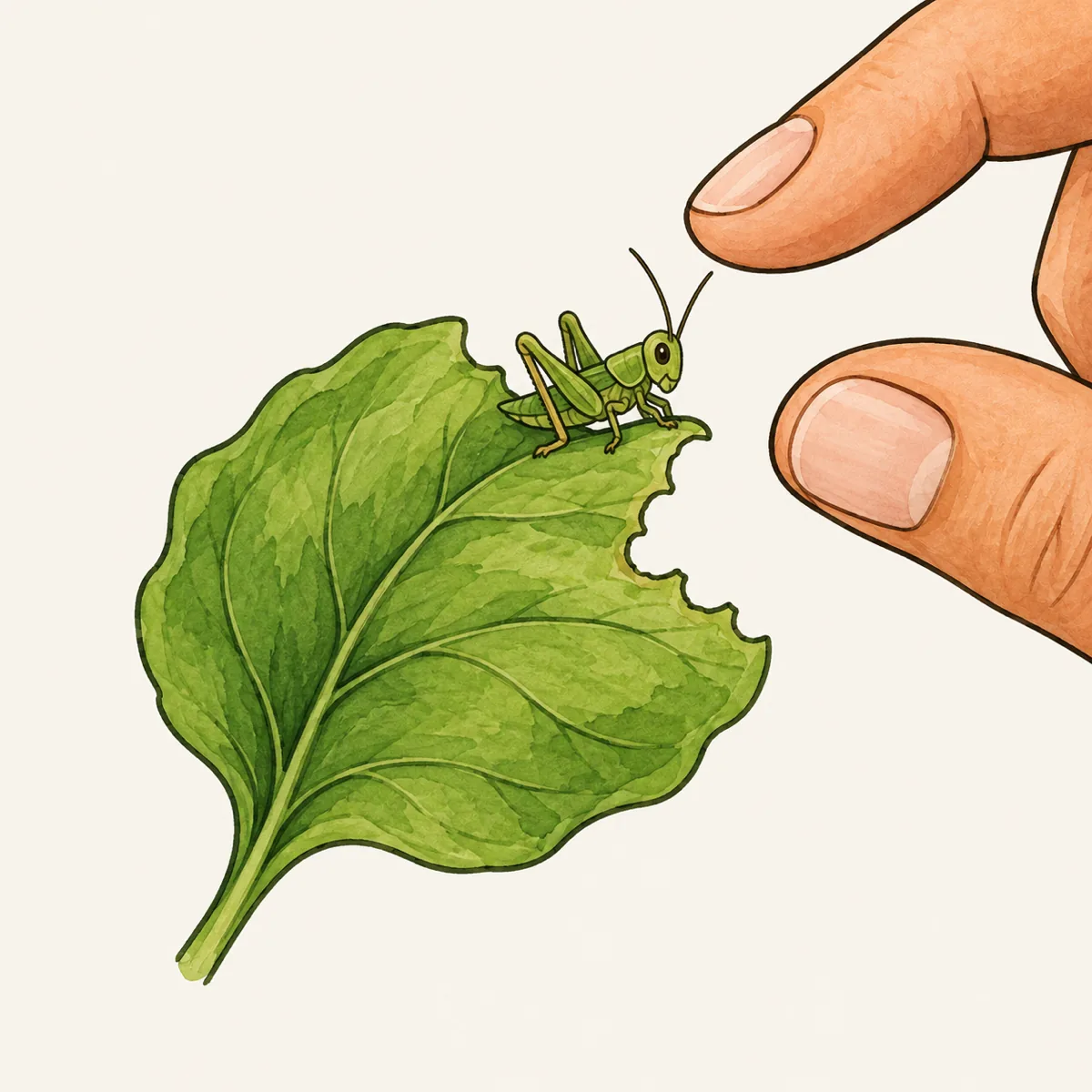 1: belalang hijau kecil di tepi daun kemangi yang tergigit, tangan mendekat untuk mengambilnya, tampak dekat