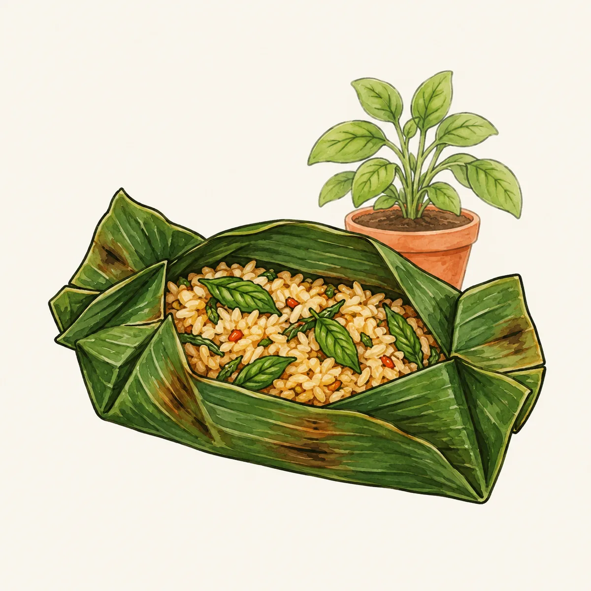 1: nasi bakar dibuka dari daun pisang dengan daun kemangi terlihat di antara nasinya, pot kemangi samar di latar