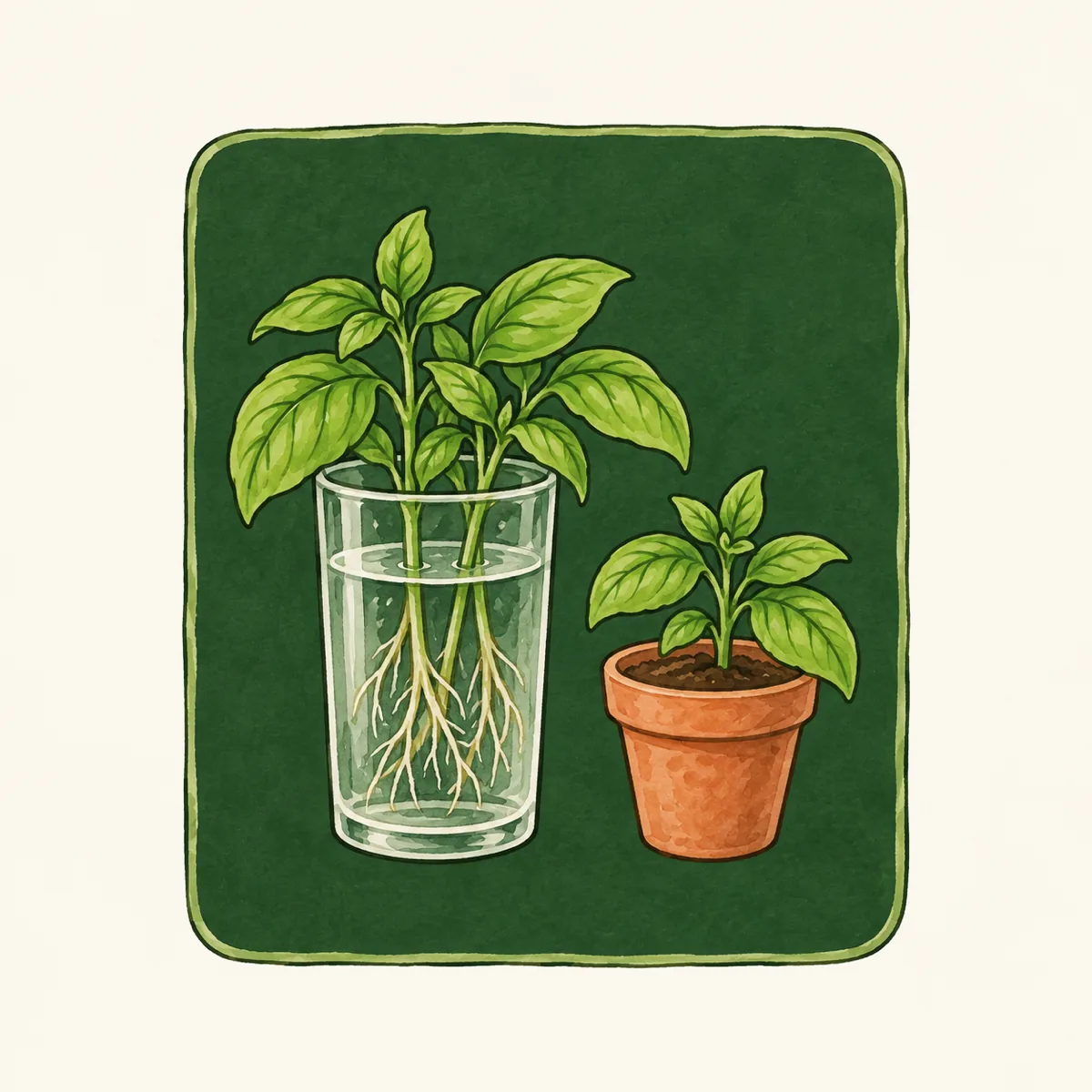 1: kartu ajakan dengan sketsa garis gelas berisi batang kemangi berakar dan pot kecil, dominan warna pine, tanpa tulisan