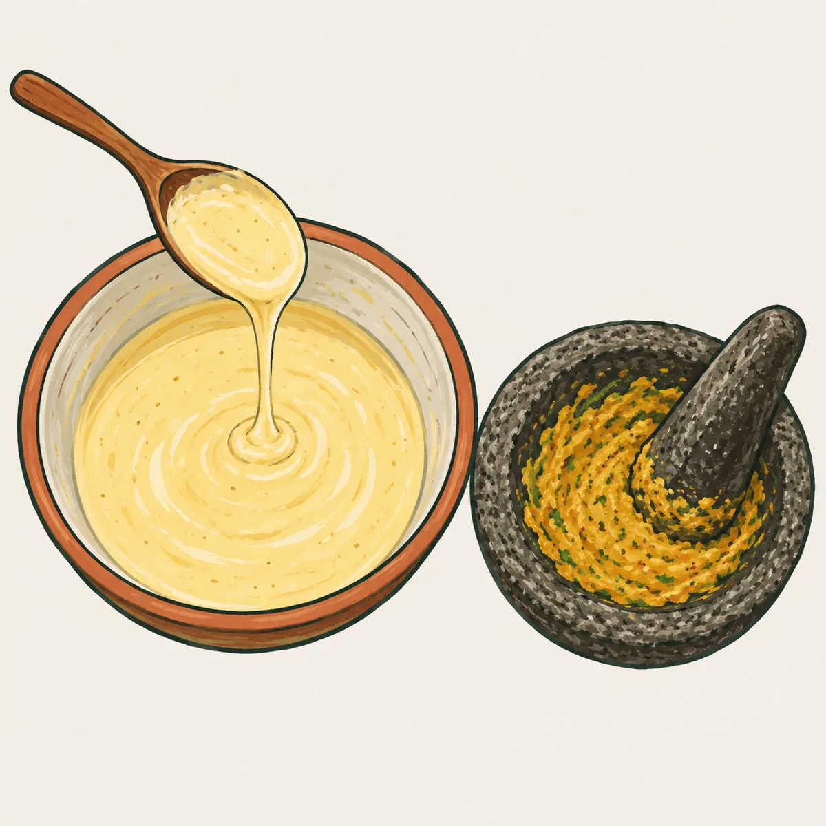 1: mangkuk berisi adonan kuning pucat dengan sendok terangkat dan adonan menetes tipis, cobek bumbu halus di sampingnya, dilihat dari atas