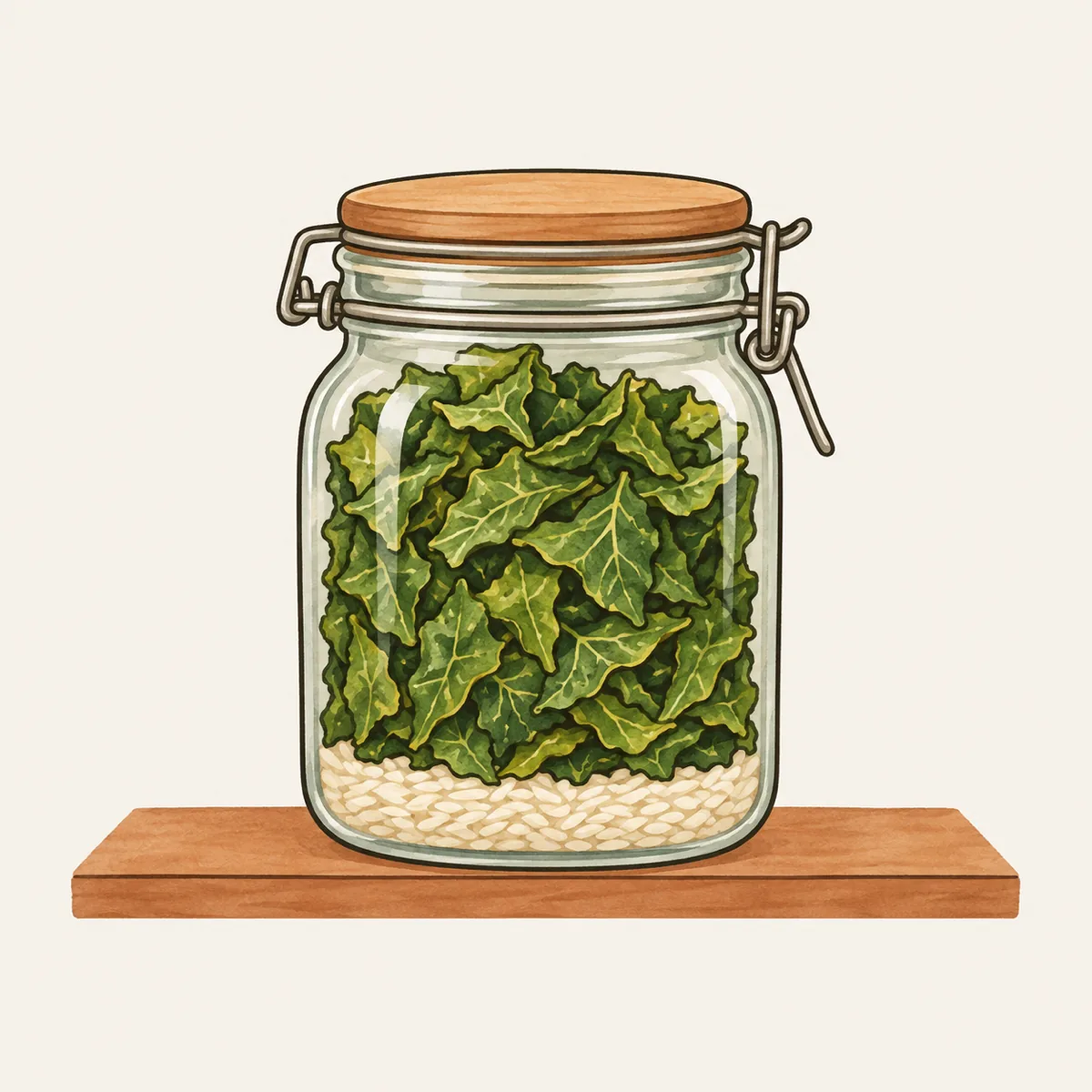 1: toples kaca kedap berisi keripik daun singkong, di dasarnya lapisan tipis beras putih, di rak dapur teduh, cahaya lembut