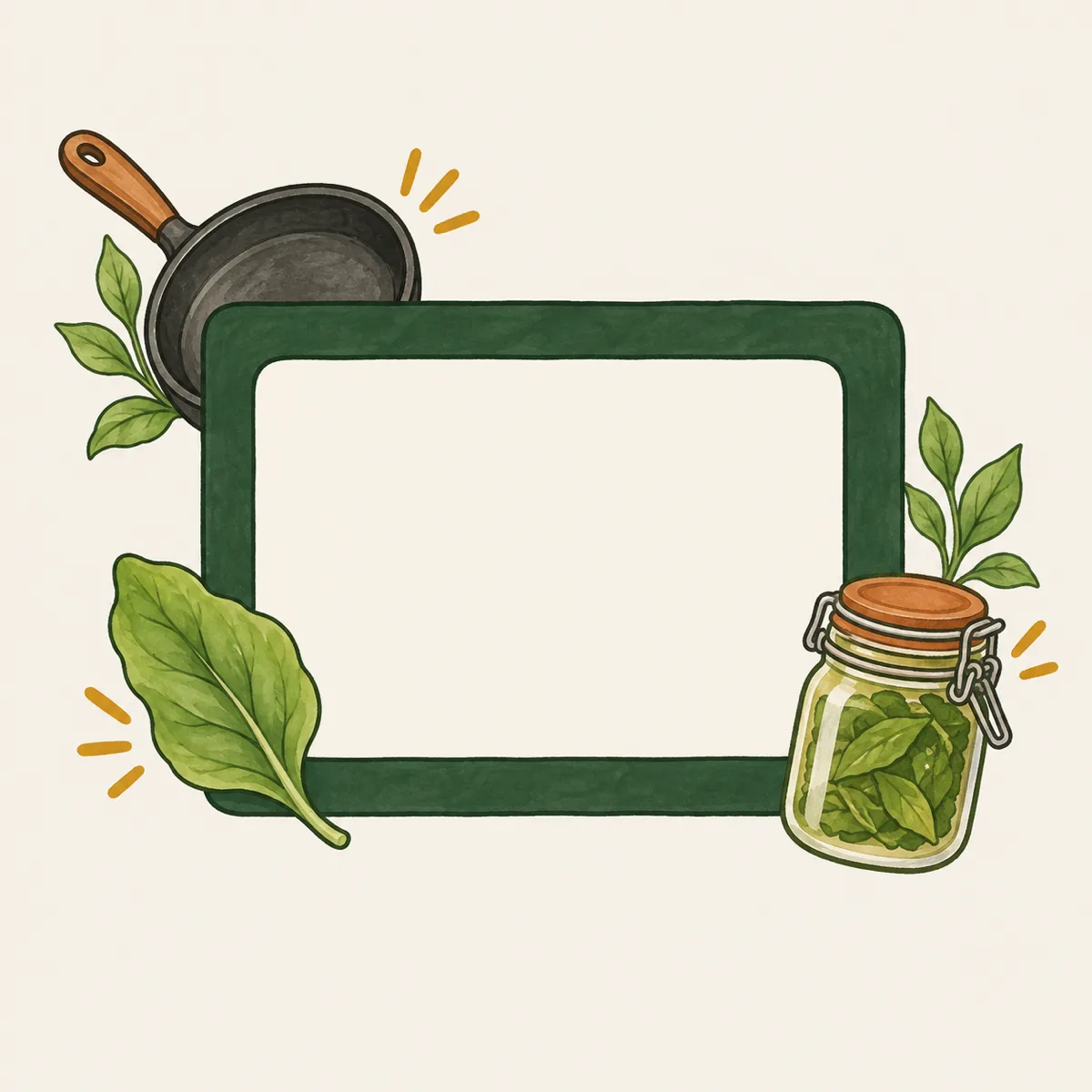 1: kartu ajakan dengan sketsa garis wajan, sehelai daun, dan toples, dominan warna pine dengan bidang krem kosong di tengah, tanpa tulisan