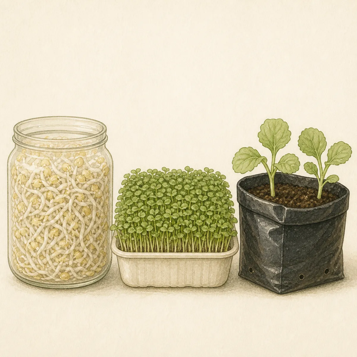 1: tiga wadah bersebelahan — toples tauge putih, nampan microgreen hijau, polybag bibit sawi — tampak samping