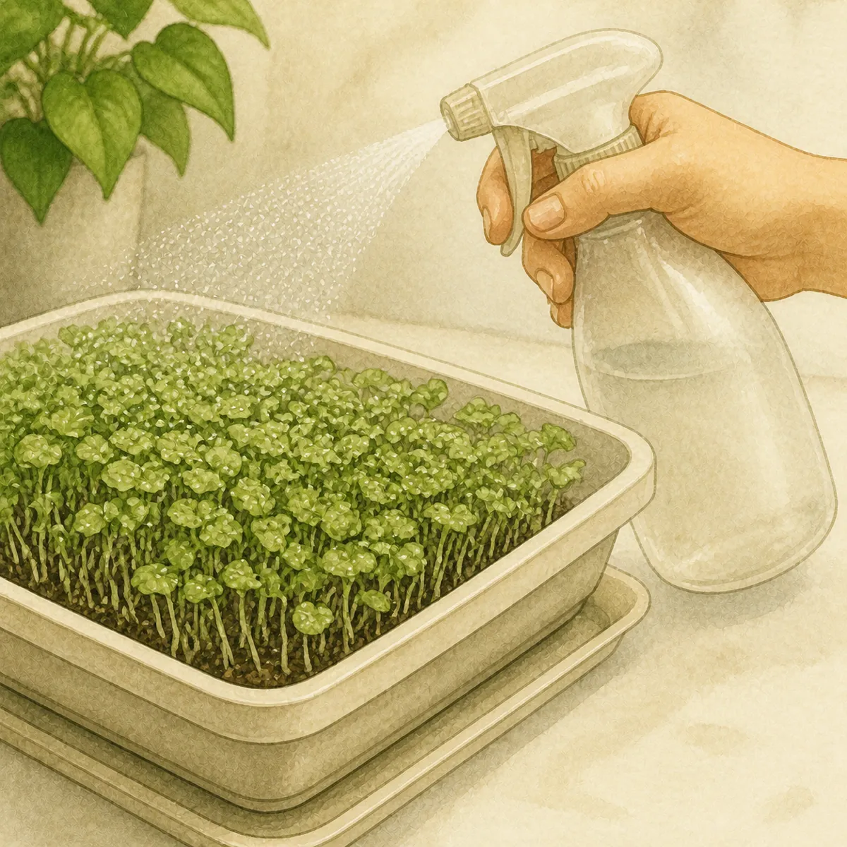 1: botol semprot bekas menyemprot halus di atas nampan microgreen muda, butiran air terlihat