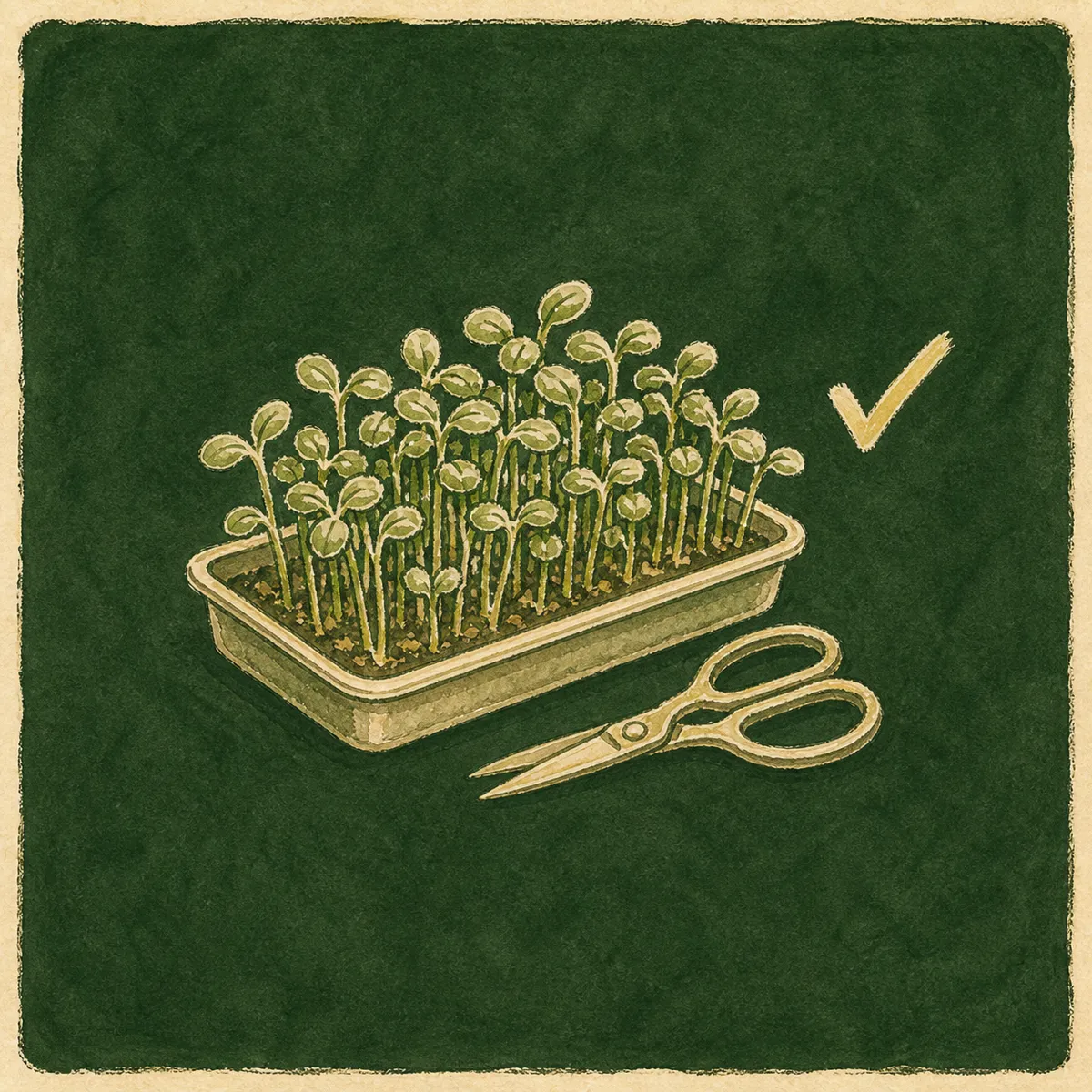 1: kartu ajakan dengan sketsa garis nampan microgreen dan gunting kecil, dominan warna pine dengan teks krem