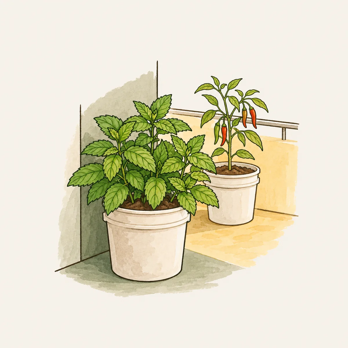 1: pot mint rimbun di pojok balkon yang teduh, di belakangnya pot cabai kurus di bagian yang terik, kontras cahaya dan bayangan