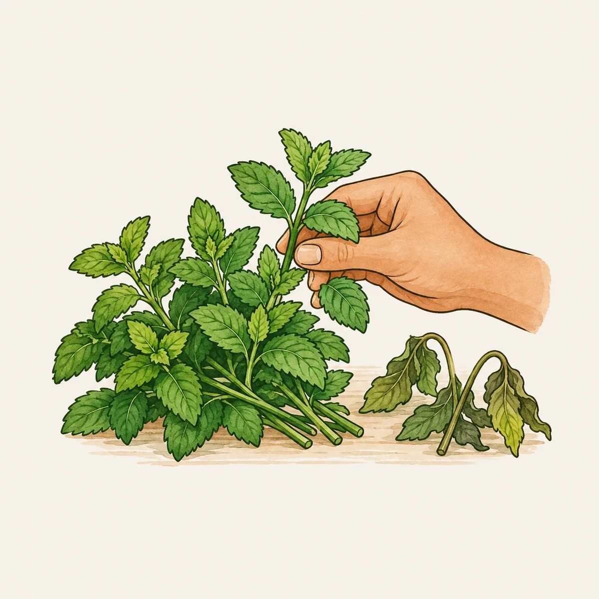 1: tangan memilih beberapa tangkai mint tegak dari seikat mint di meja dapur, dua tangkai layu disisihkan ke pinggir, tampak dekat