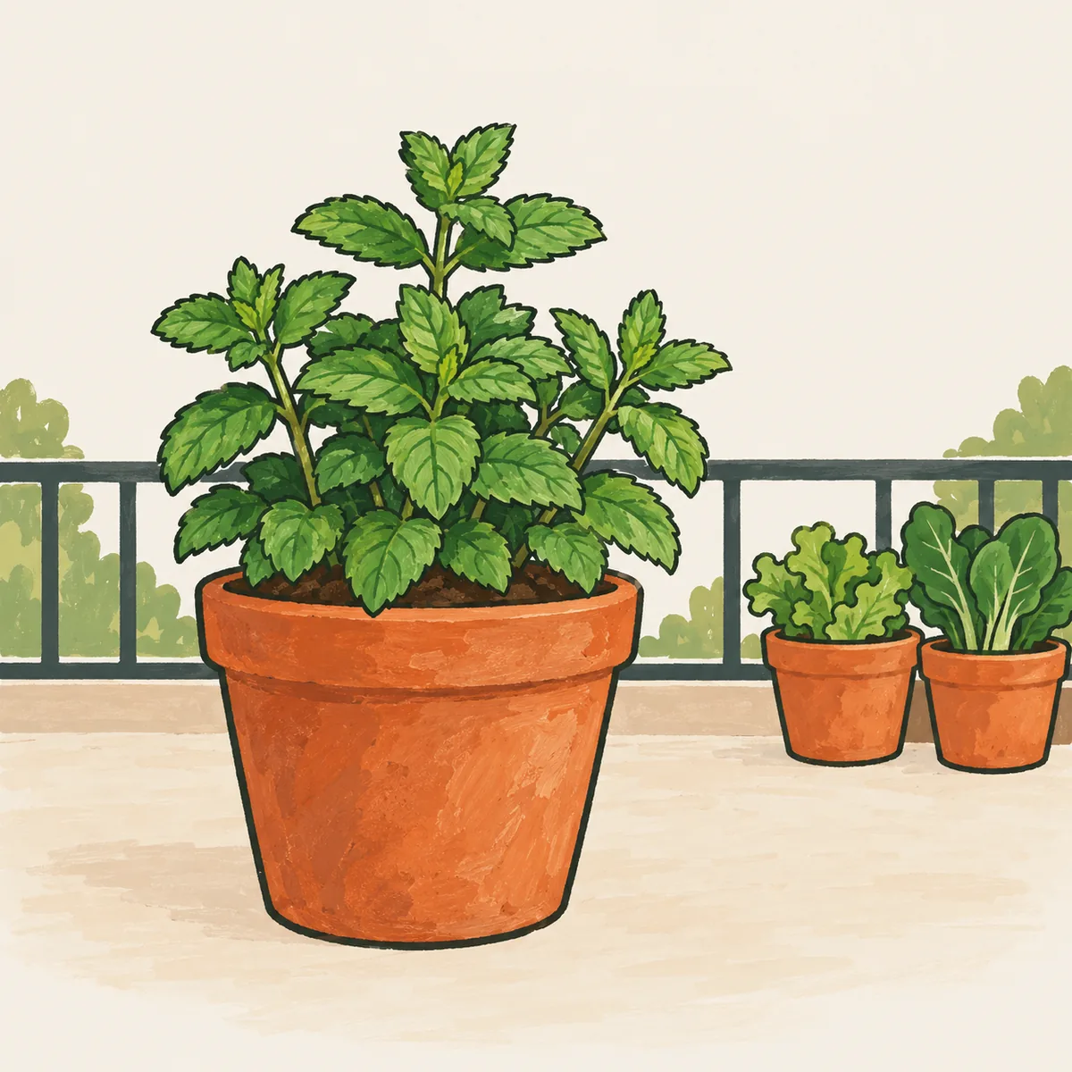 1: satu pot terakota berdiameter 20 cm berisi mint, terpisah dari deretan pot sayur lain di balkon, jarak terlihat jelas, cahaya siang teduh