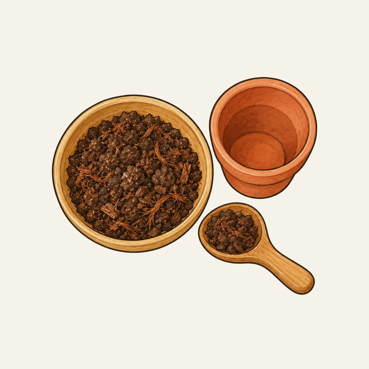 1: mangkuk berisi campuran media tanam gelap dan gembur dengan sedikit cocopeat, sendok tanam kayu, di sebelahnya pot kosong, flat-lay