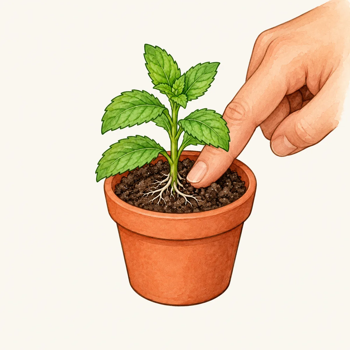 1: jari menekan media di sekitar tangkai mint yang baru ditanam, akar putih masih terlihat sebagian, pot kecil, tampak sangat dekat
