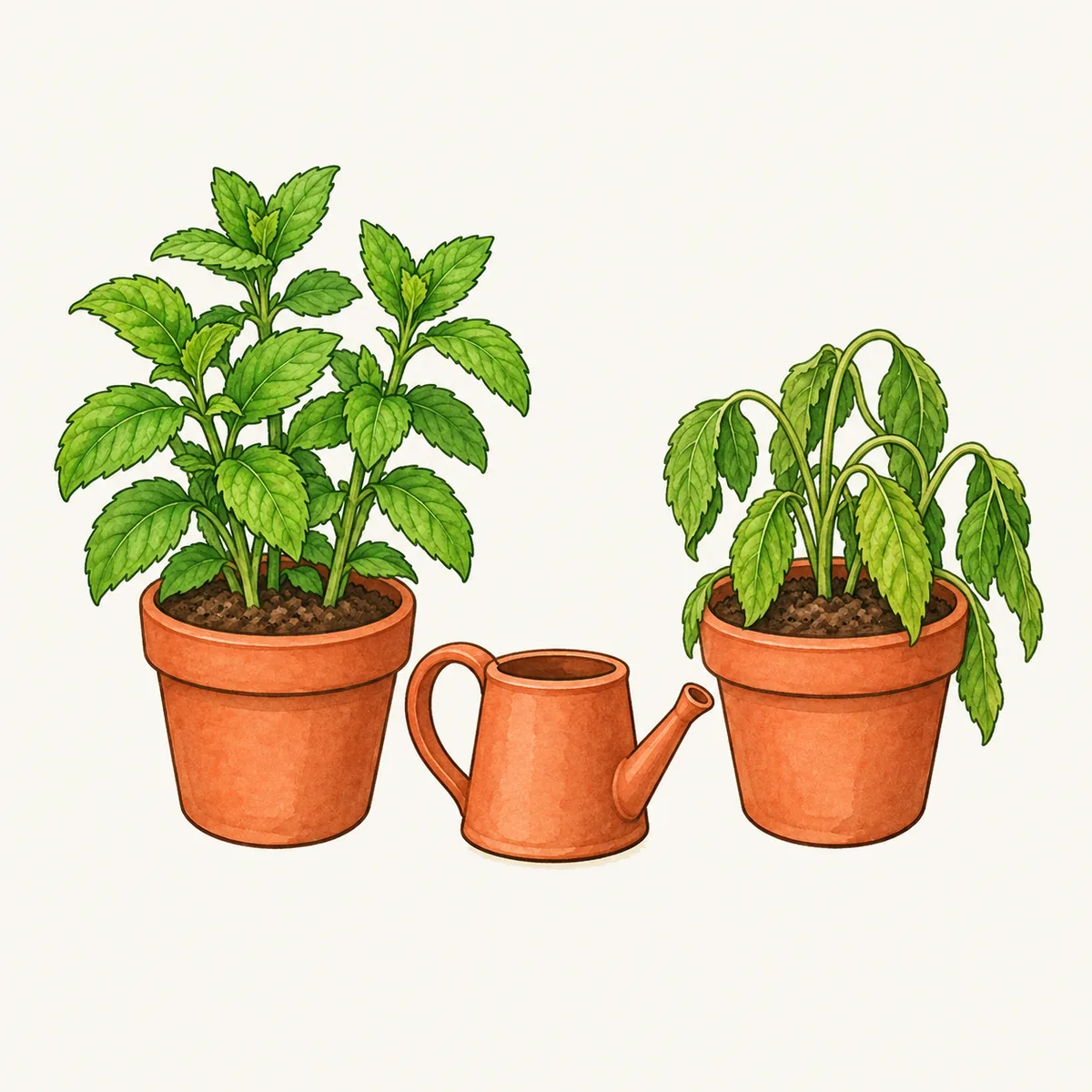 1: dua pot mint berdampingan, satu daunnya tegak segar, satu daunnya menunduk lemas, di antaranya gembor kecil berwarna terakota