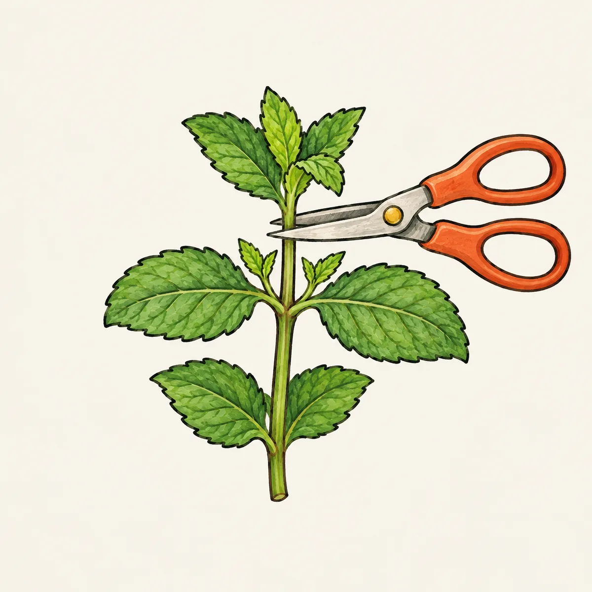 1: gunting kecil memotong pucuk mint tepat di atas sepasang daun, dua tunas kecil terlihat di ketiak daun di bawahnya, tampak dekat