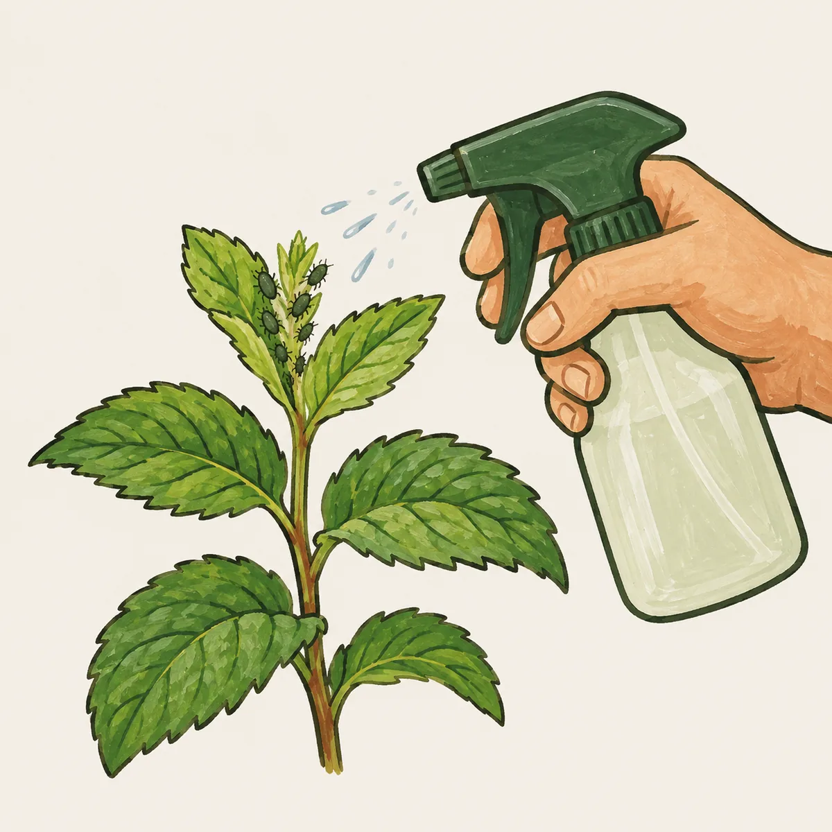 1: tangan menyemprotkan air dari botol semprot ke pucuk mint, beberapa titik kecil kutu daun di pucuk muda, tampak dekat