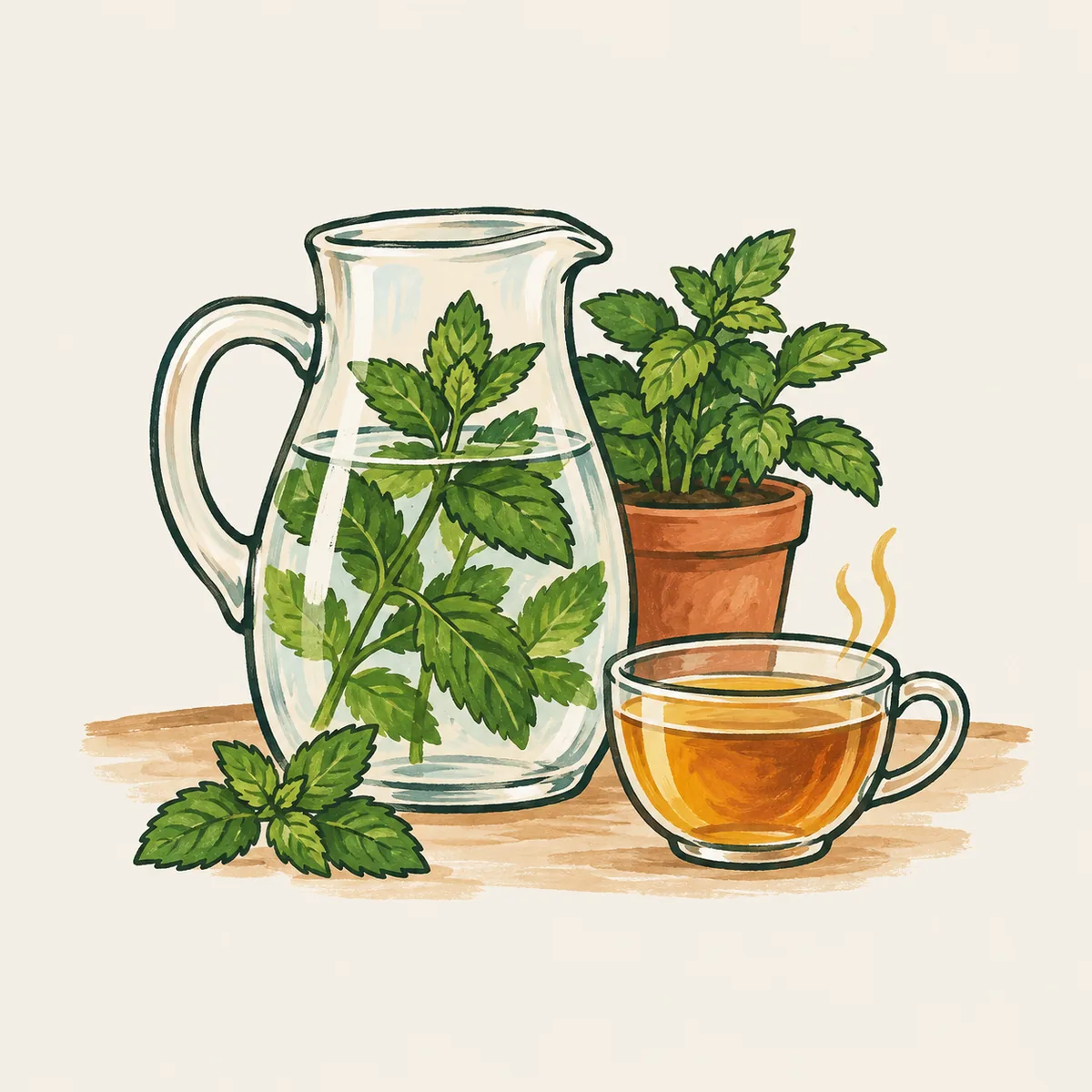 1: teko kaca berisi air dan pucuk mint di sebelah cangkir teh hangat, pot mint kecil di belakangnya, meja dapur, cahaya pagi