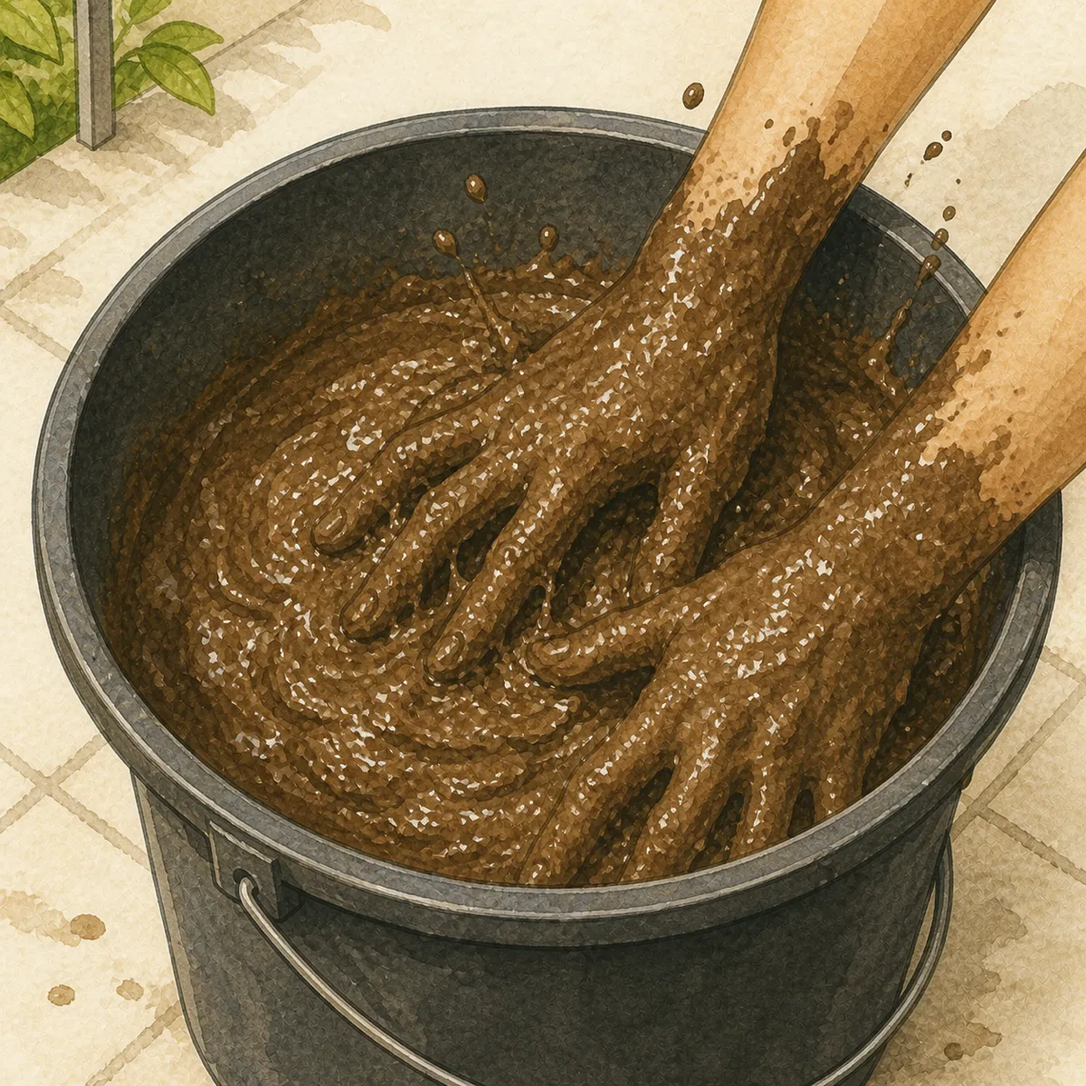 1: tangan mengaduk lumpur cokelat pekat di dalam ember, percikan air, nuansa playful