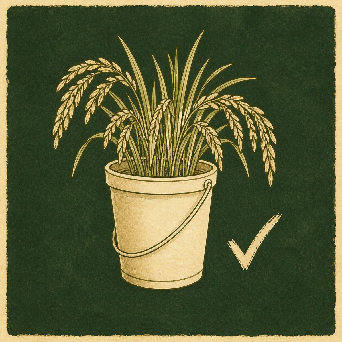 1: kartu ajakan tantangan dengan sketsa garis ember berisi padi merunduk, dominan warna pine dengan teks krem
