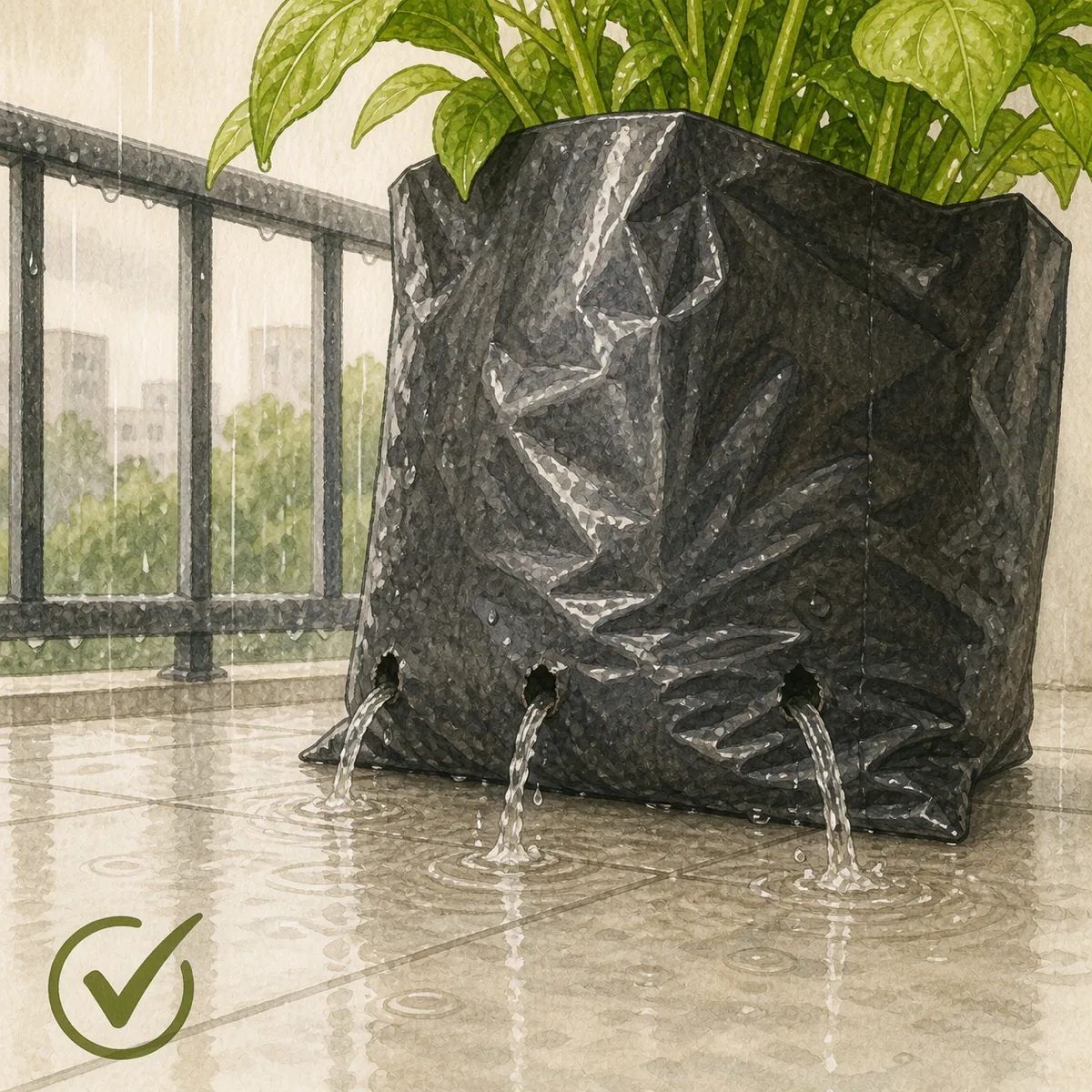 1: polybag di balkon saat hujan, air menetes lancar dari lubang dasarnya