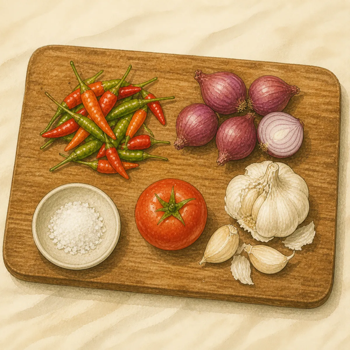 1: bahan sambal tertata di talenan kayu — cabai, bawang merah, bawang putih, garam, tomat kecil