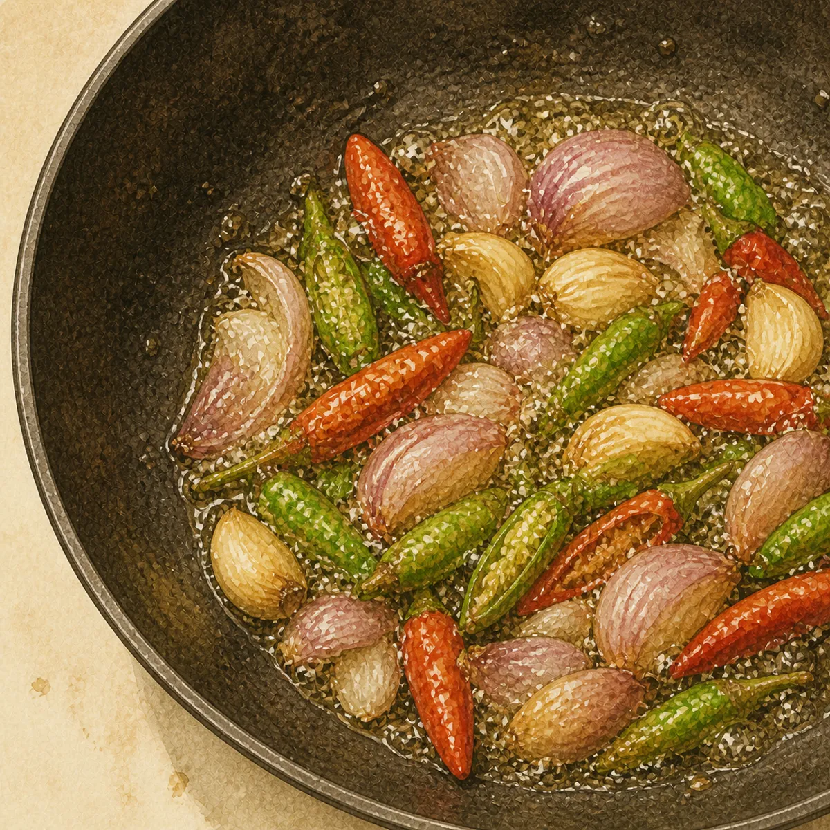 1: cabai dan bawang menggeliat di minyak panas dalam wajan kecil, kulit cabai mulai melepuh