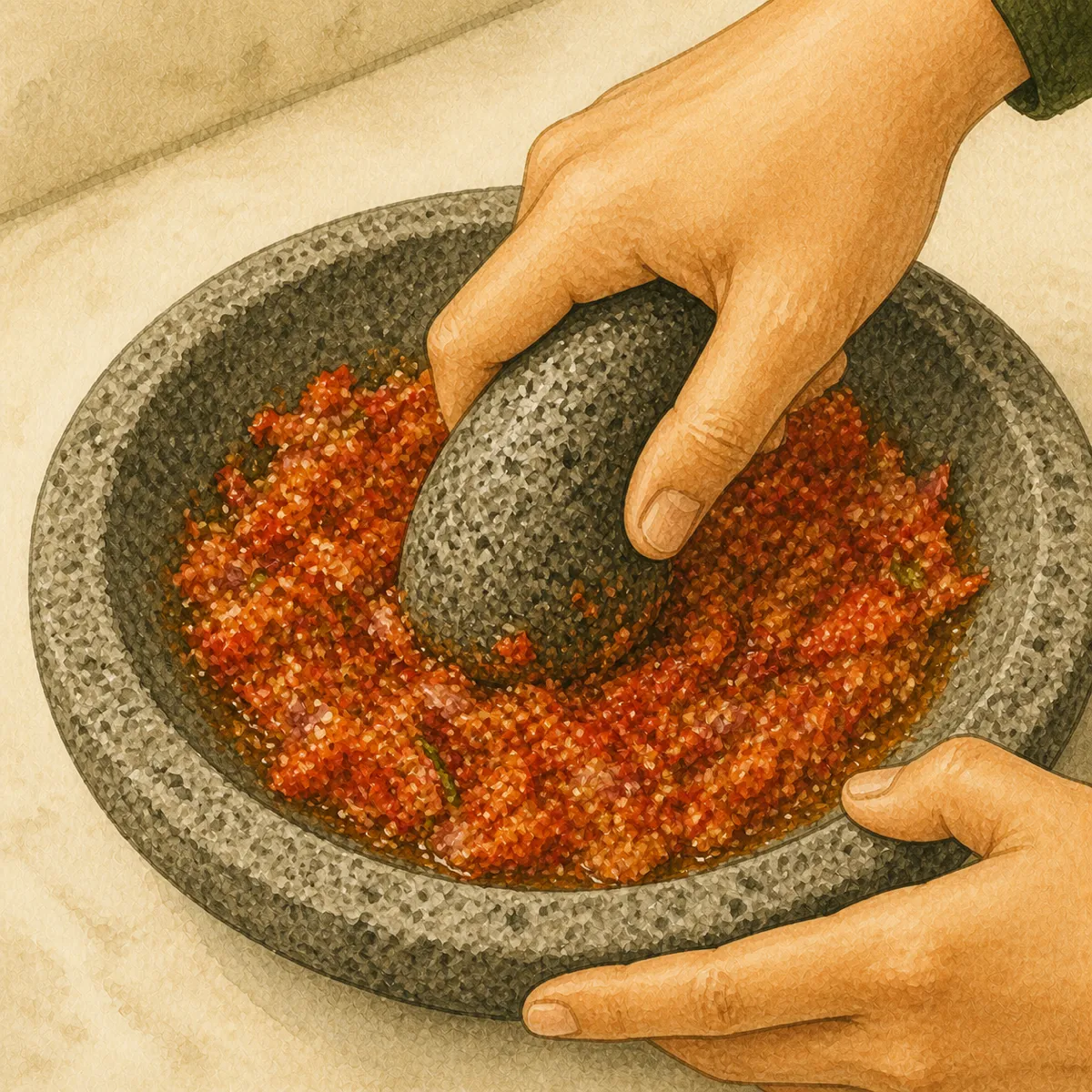 1: tangan mengulek sambal di cobek batu, tekstur masih kasar dan berbutir