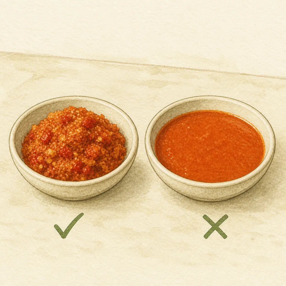 1: perbandingan dua mangkuk sambal bersebelahan — satu kasar berbutir, satu halus seperti bubur